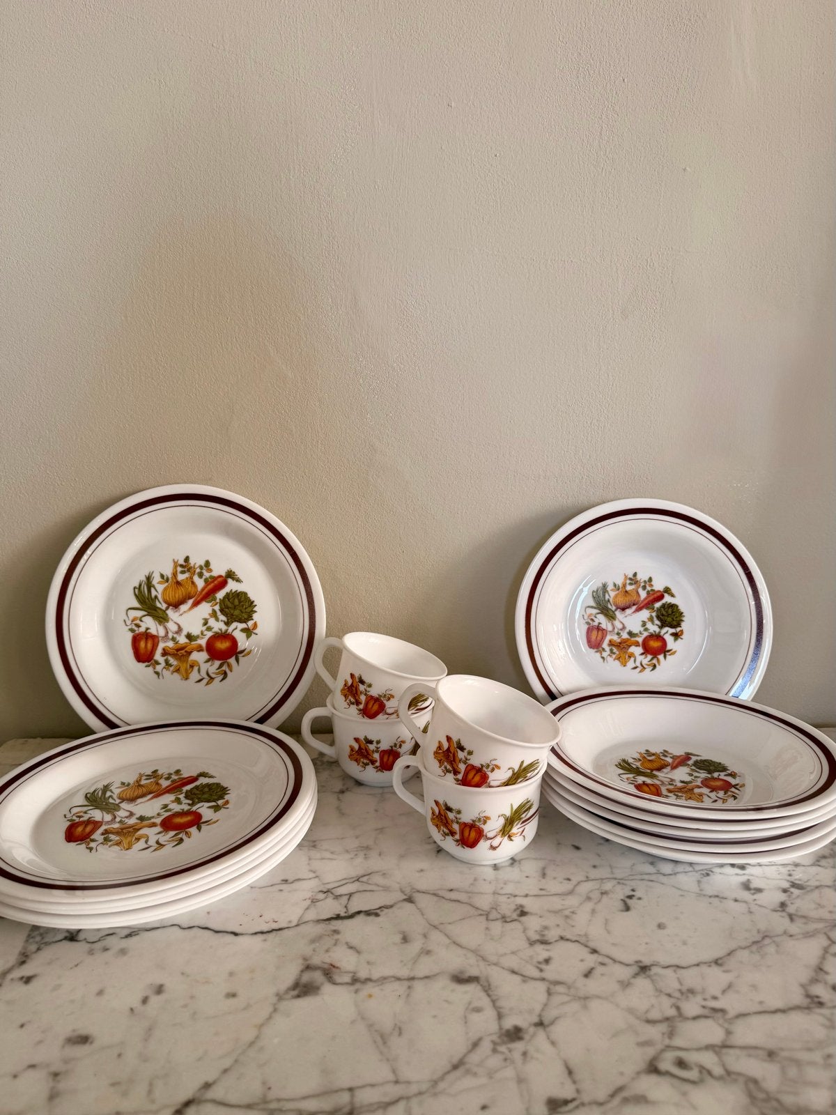 Vintage Arcopal servies “Groenten” — Frans opaalglas, ‘70/80, Gebruikt, Overige merken, Keramiek, Vintage