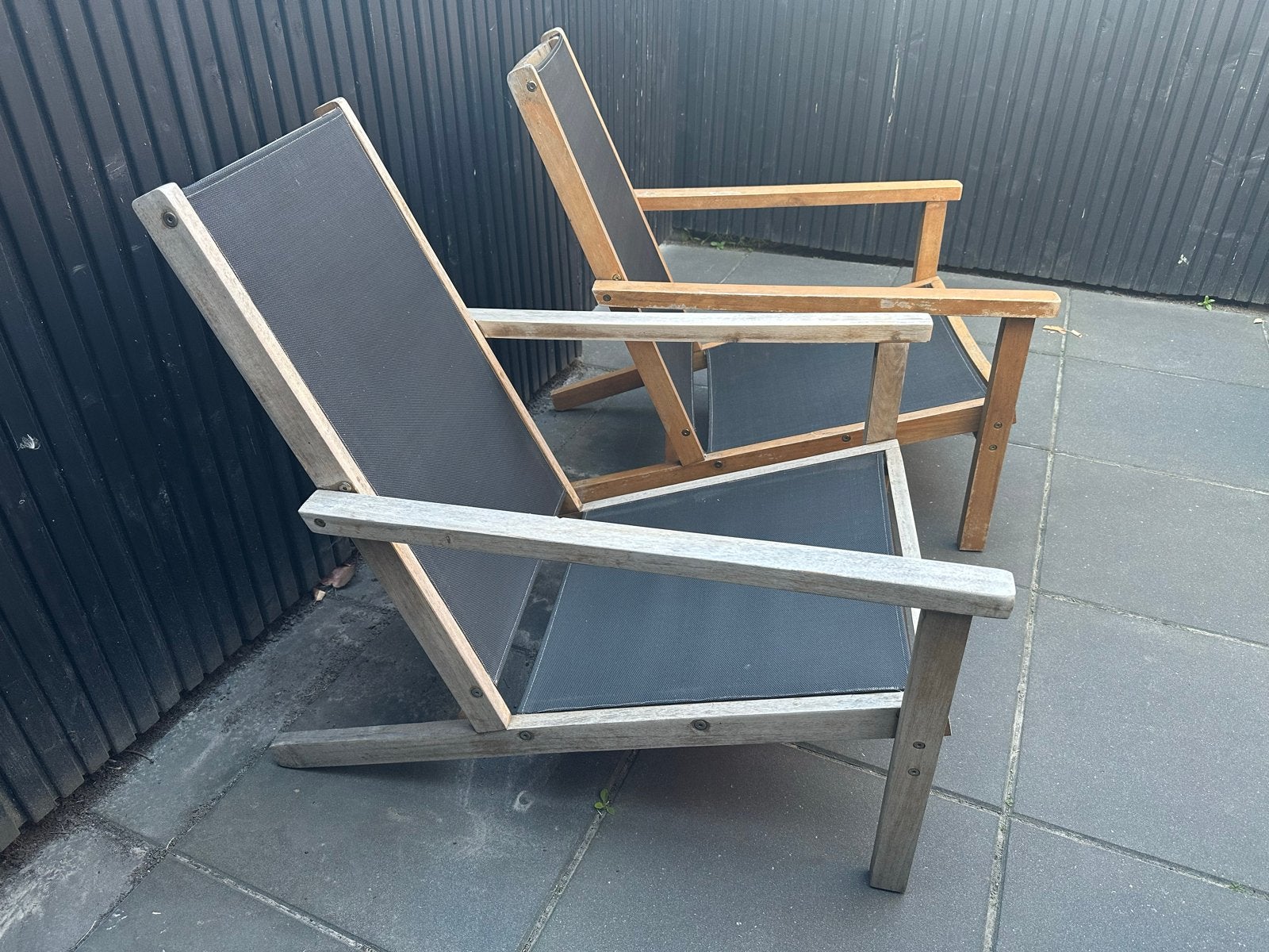 2x Teakhouten tuinstoelen met textileen zitting, Ophalen, Gebruikt, Teakhout