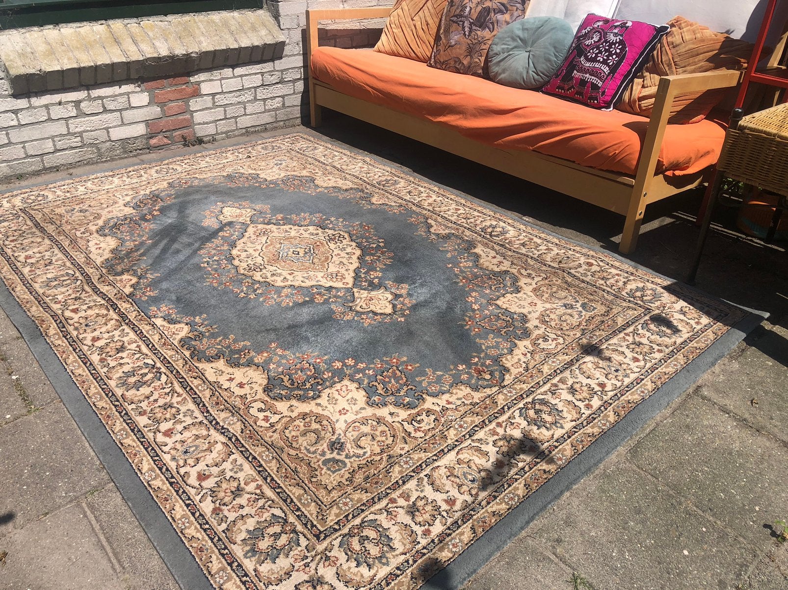 Prachtig vintage perzisch tapijt blauw créme, wol, Blauw, 150 tot 200 cm, Vintage, 200 cm of meer