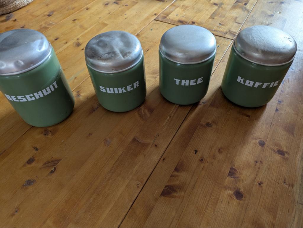 Vintage voorraadpotten set (4 stuks) - Groen emaille, Antiek en Kunst, Antiek | Emaille, Ophalen of Verzenden