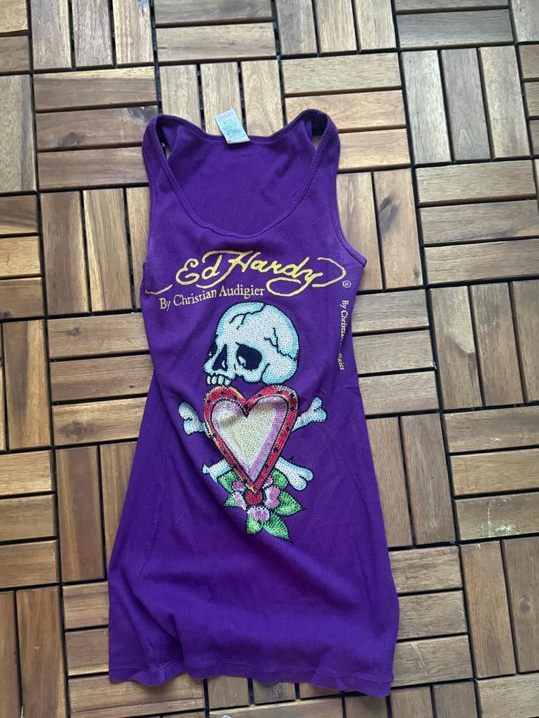 Vintage Ed Hardy Top Paars Doodshoofd One Size, Maat 38/40 (M), Paars, Ophalen of Verzenden, Zonder mouw