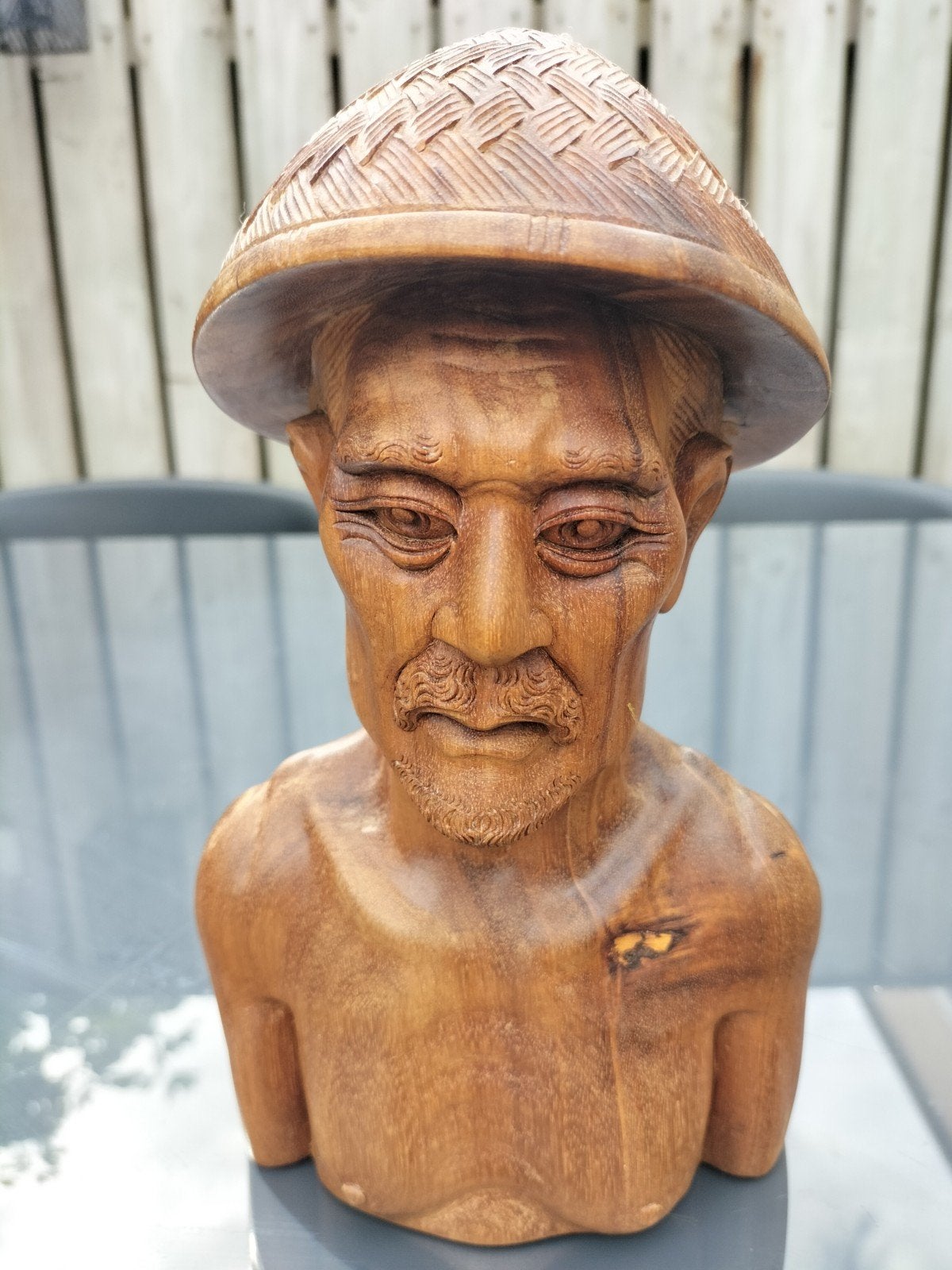 Houten Buste van Aziatische Man met Hoed - Handgesneden, Ophalen of Verzenden