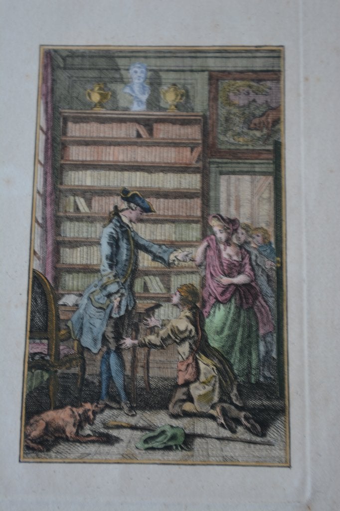 JONGE GELEERDE MOOIE HANDGEKLEURDE KOPERGRAVURE CA.1750 E65, 7 cm, Dagelijks leven, Verzenden, Gravure