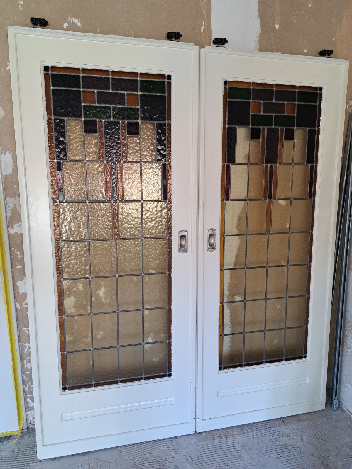 Houten schuifdeuren glas-in-lood ensuite, Doe-het-zelf en Verbouw, Ophalen, Gebruikt, 80 tot 100 cm, Binnendeur