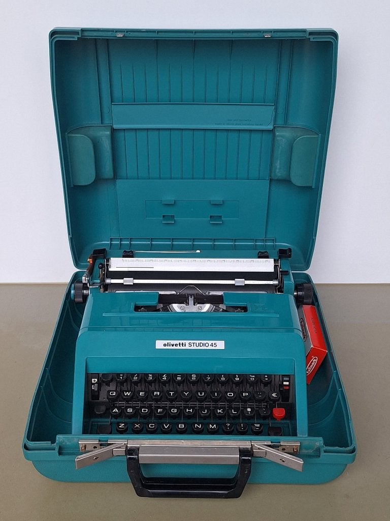 vintage aqua blauwe Olivetti Studio 45 typemachine in koffer, Ophalen of Verzenden, Gebruikt