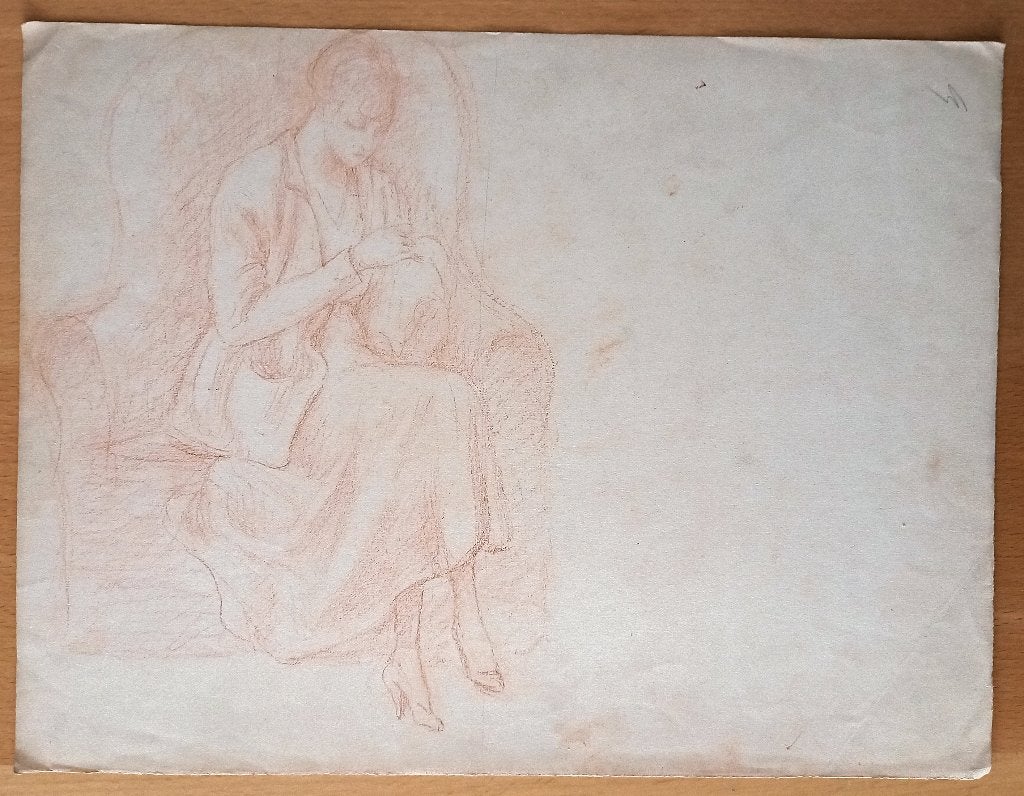 A493-33 Oude tekening Vrouw op bank bordurend, Ophalen of Verzenden