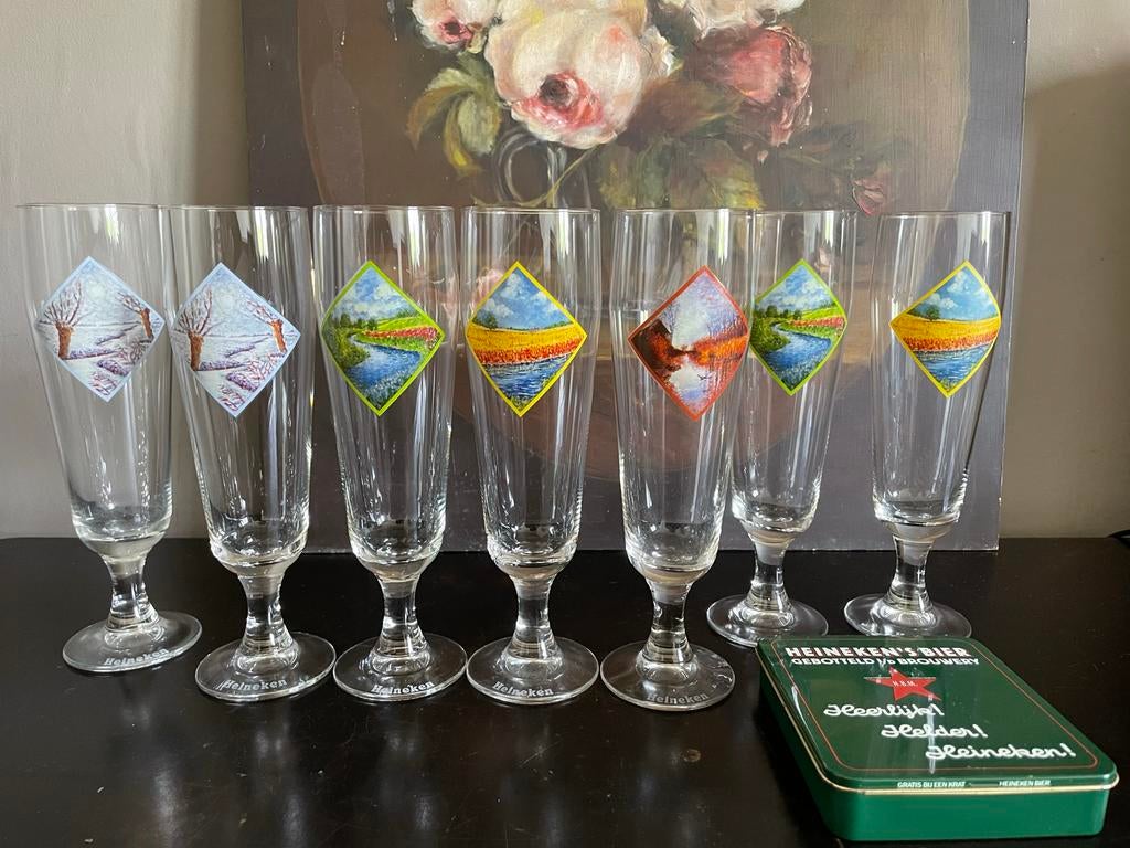 7 HEINEKEN bierglazen 4 jaargetijde& blikje met bierviltjes, Verzamelen, Ophalen of Verzenden, Zo goed als nieuw, Bierglas