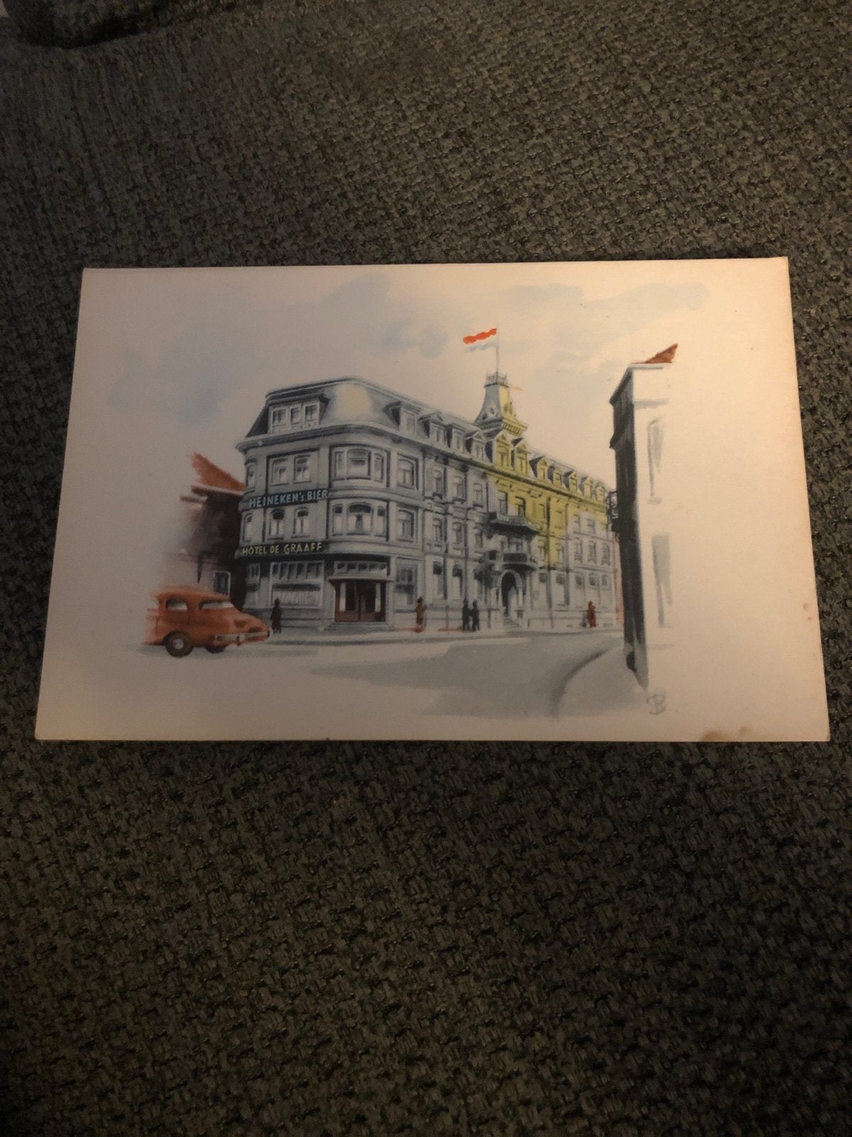 Vintage aquarel van Hotel de Graaff met oude auto, Antiek en Kunst, Ophalen of Verzenden, Tekening, Aquarel, Origineel