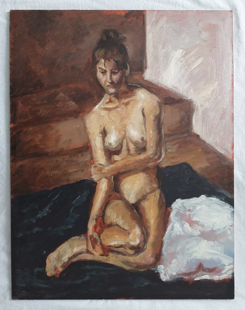 Studie in Olieverf van Naakte Vrouw Zittend, Antiek en Kunst, Portret of Personen, Ophalen of Verzenden, Olieverf, Klassiek