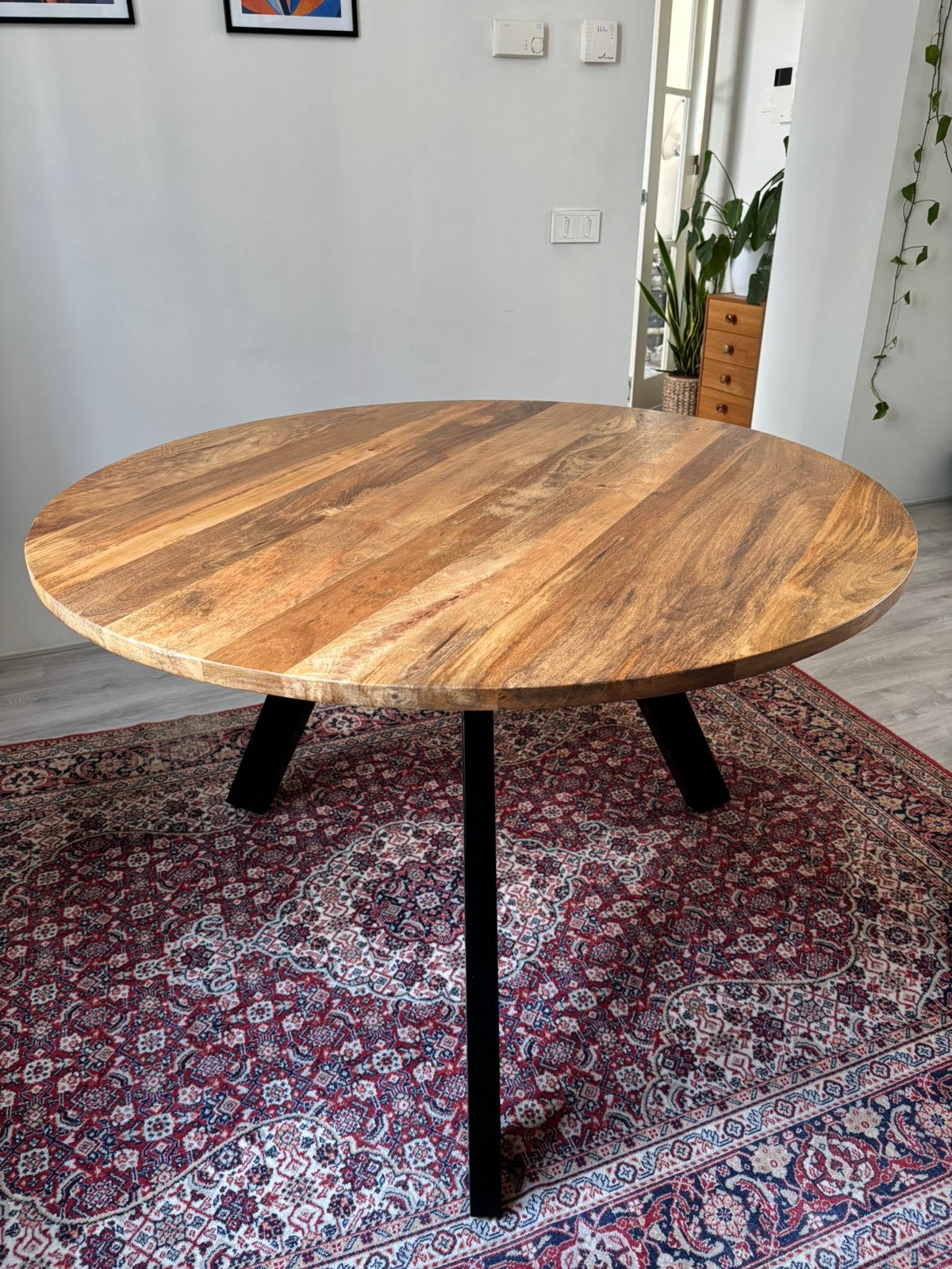 Ronde eettafel mangohout, Huis en Inrichting, Ophalen, Gebruikt, 100 tot 150 cm, Rond