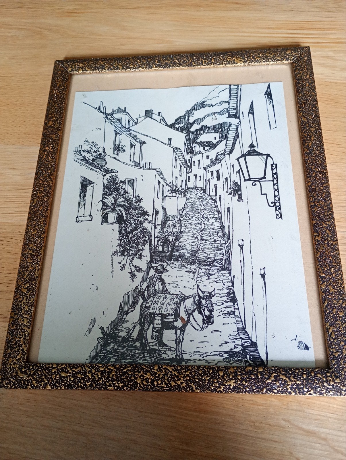 Set van 2 ingelijste pentekeningen - Dorpsgezichten, Ophalen of Verzenden, Tekening, Pentekening, Ingelijst