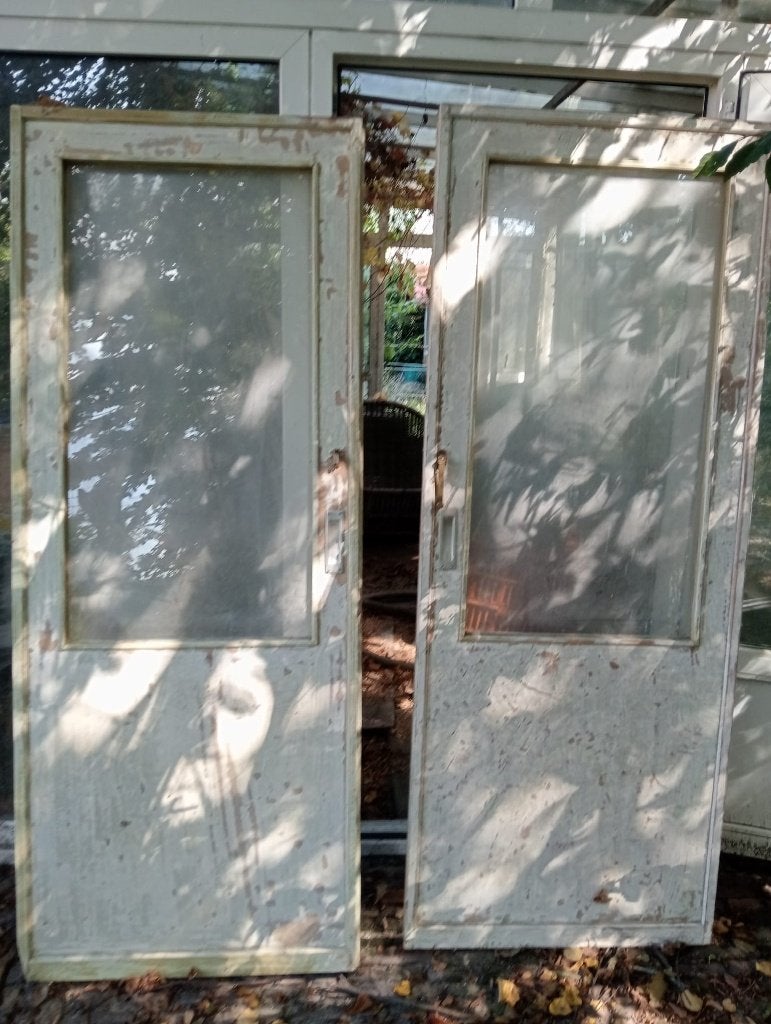 Originele ensuite schuifdeuren met glas, Doe-het-zelf en Verbouw, Ophalen, Gebruikt, Minder dan 80 cm, Binnendeur