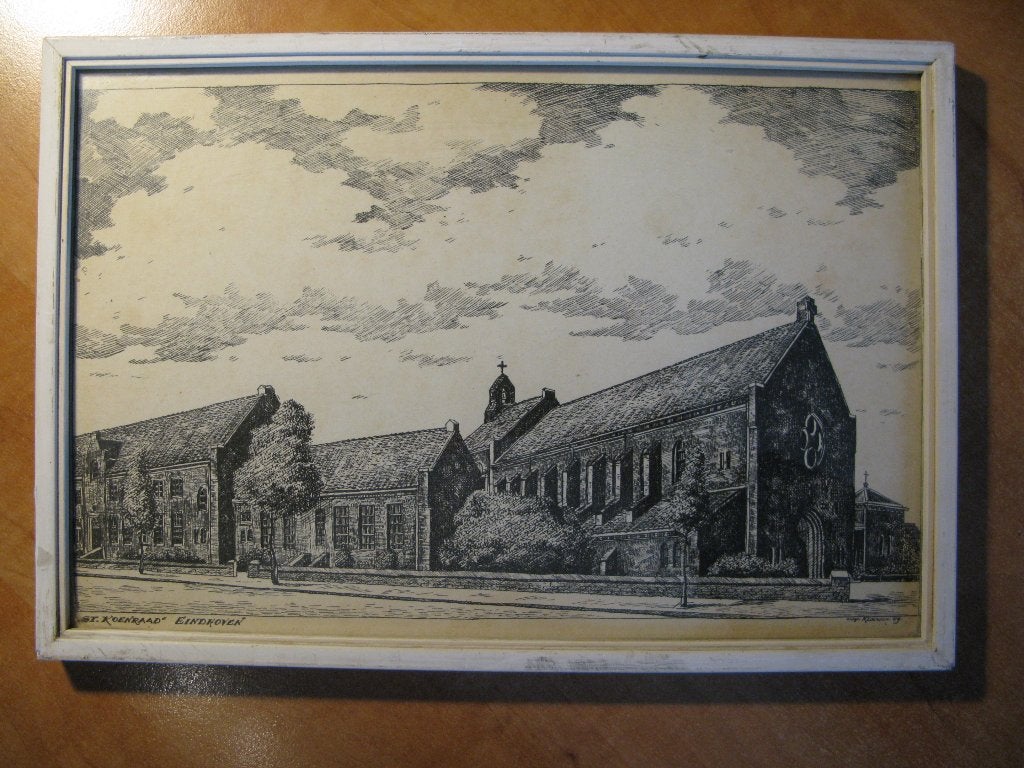 druk of litho St.-Koenraadkerk en -klooster Strijp Eindhoven, Verzamelen, Foto's en Prenten, Gebruikt, Ophalen of Verzenden, 1940 tot 1960