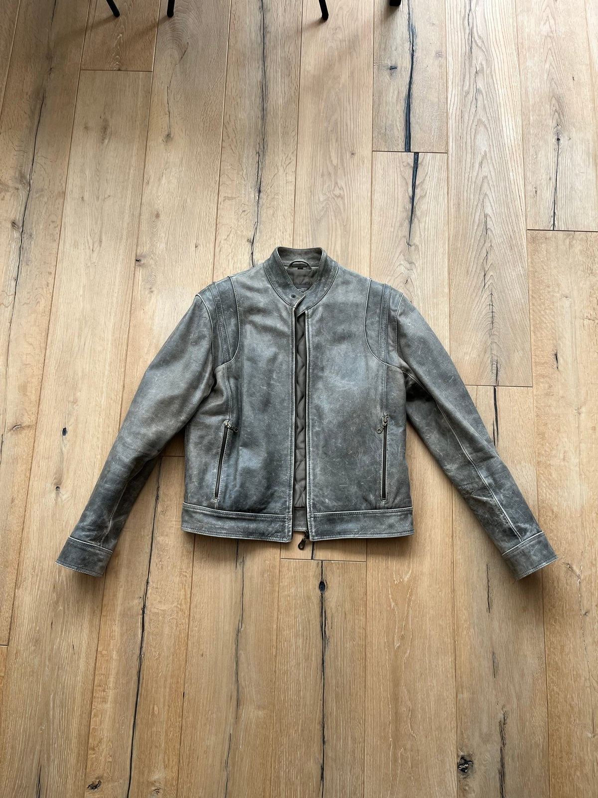 Leren Biker Jack Vintage Stijl Heren - Transmission, Ophalen of Verzenden, Zo goed als nieuw, Maat 52/54 (L), Grijs
