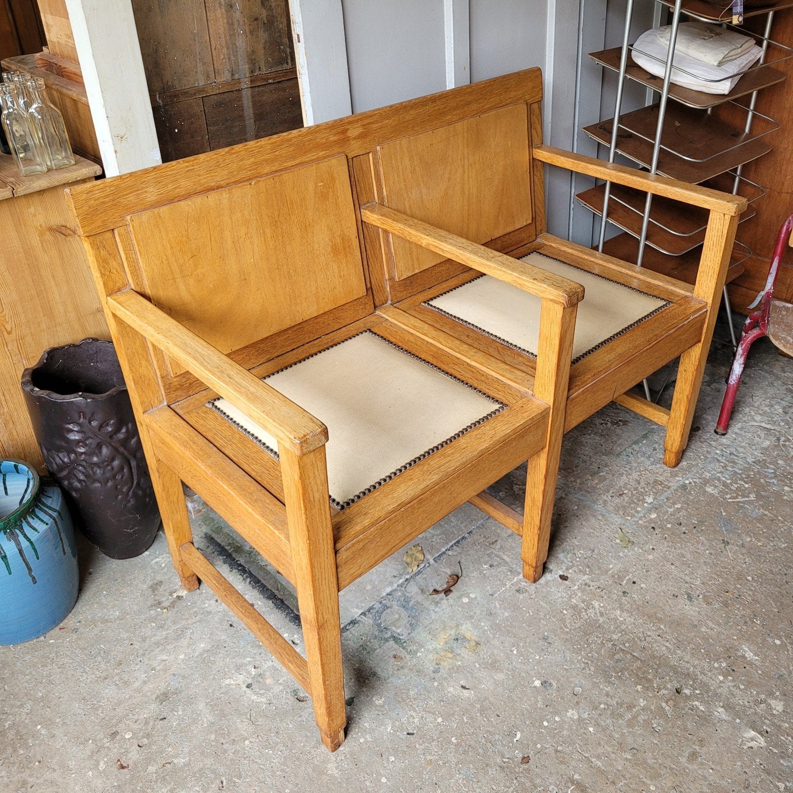 Antieke vintage oude eiken bank kerkbank 2 zitsbank halbank, Ophalen