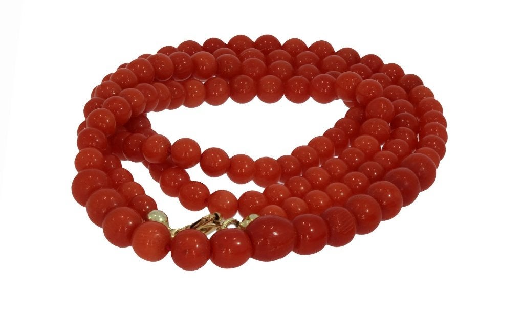 Bloedkoraal bollen ketting 14k slot goud fraai dames vintage