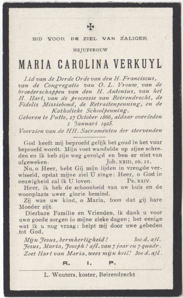 Maria Carolina Verkuyl 1866 Putte (Ned) + 1925, 58 jaar, Ophalen of Verzenden