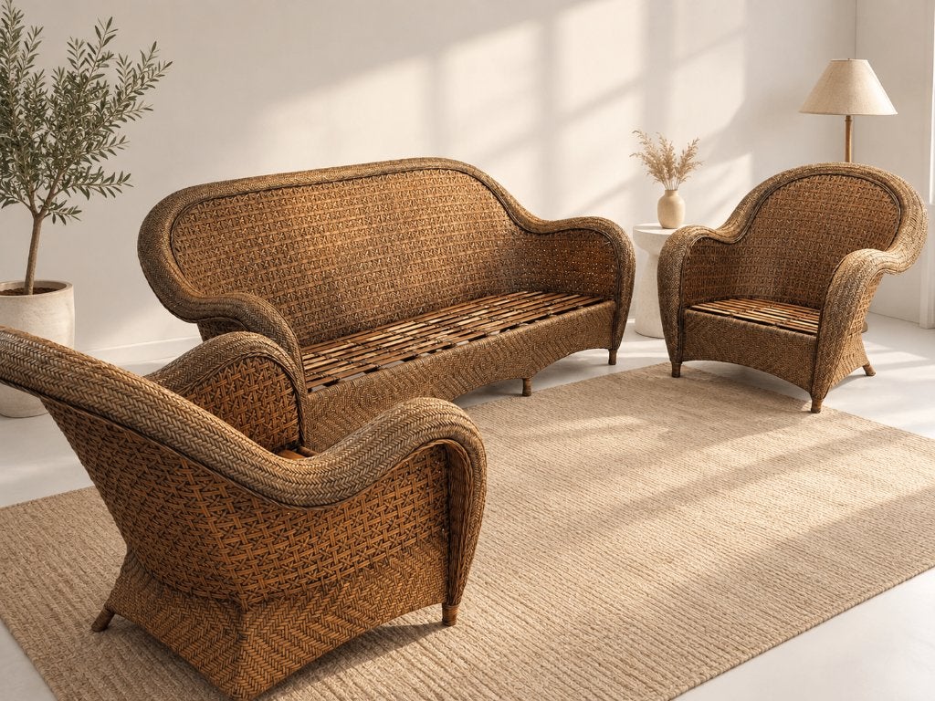 Vintage gevlochten Rotan/manou set | 3-zitsbank + 2 stoelen, Ophalen