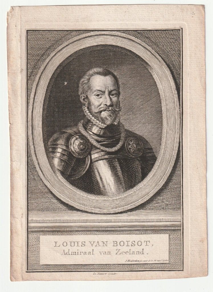 Louis van Boisot admiraal van Zeeland gravure Houbraken, Verzenden, Portret, Gravure, Blanco verso