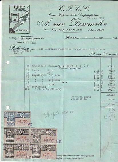 EFEC Rotterdam factuur 1935 eerste feijenoordsche confectie, Ophalen of Verzenden, Zo goed als nieuw, Overige typen