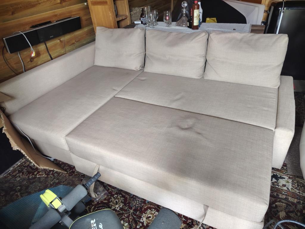 Ikea slaaphoekbank met 3 kussens - beige/taupe kleur, Gebruikt, Modern, functioneel, 100 tot 125 cm, Hoekbank