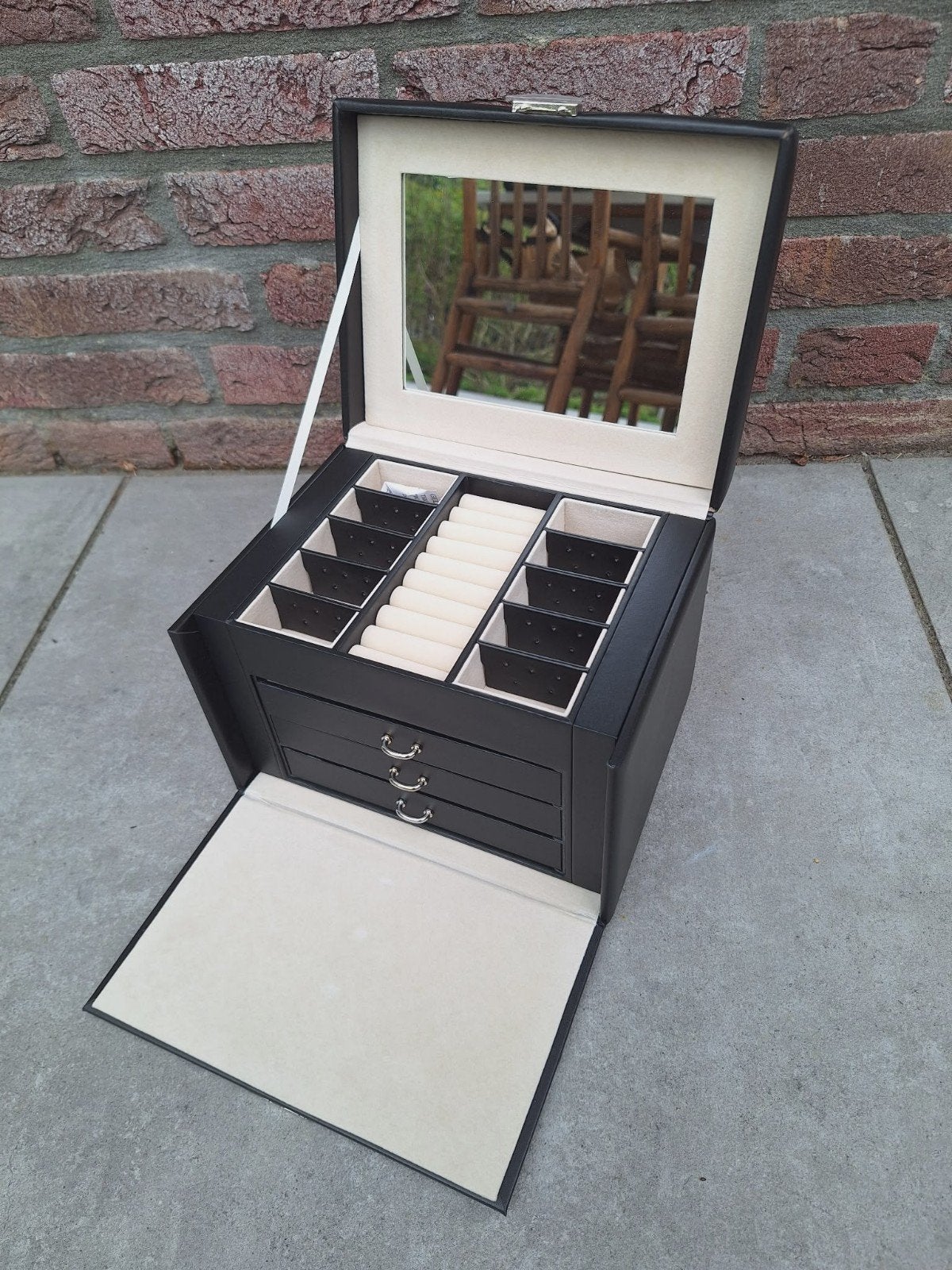 Juwelenbox Sieradenbox Make-Up Cosmetica Zwart /Beige + slot, Zwart, Met slot, Nieuw, Ophalen of Verzenden