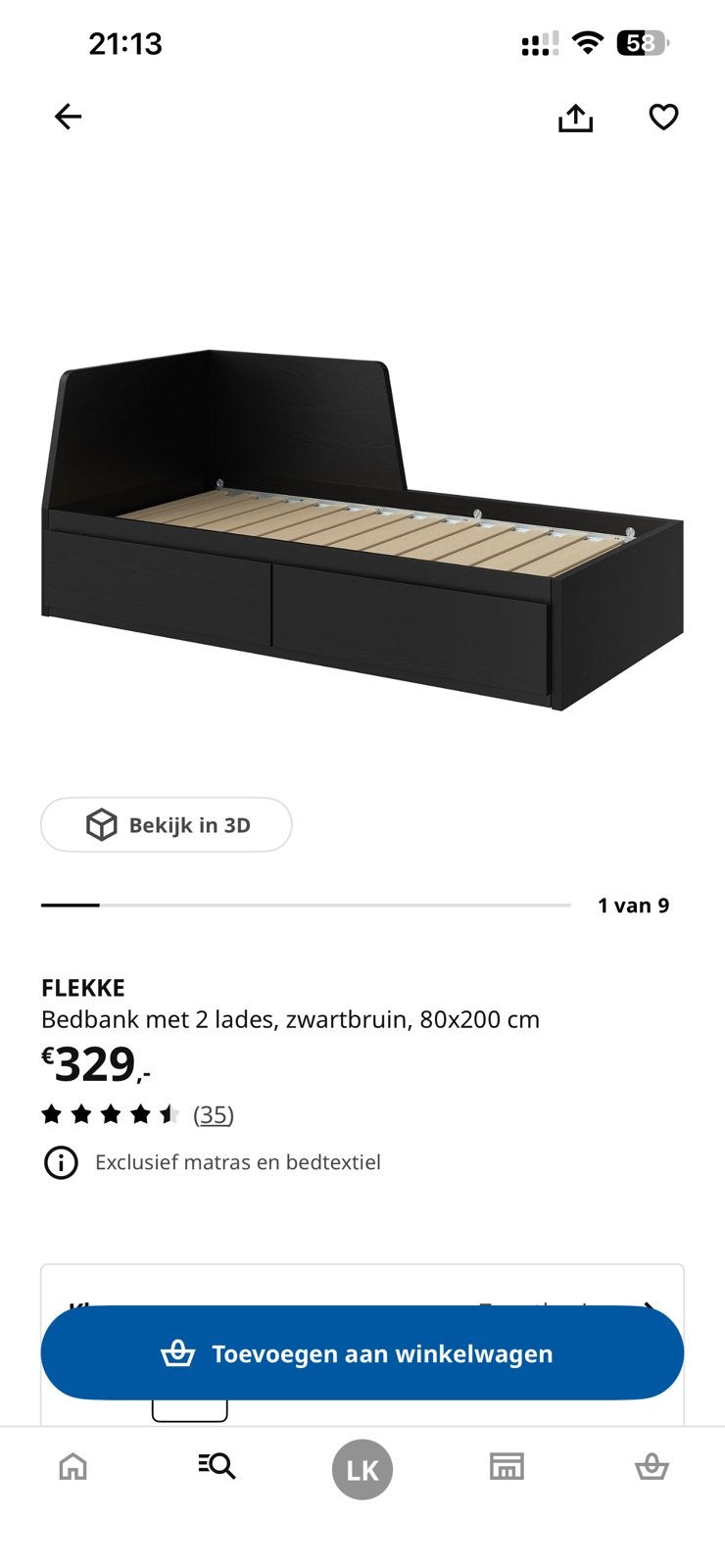 IKEA Flekke Bedbank Zwartbruin met Lades, Ophalen, Gebruikt, Zwart, Tweepersoons