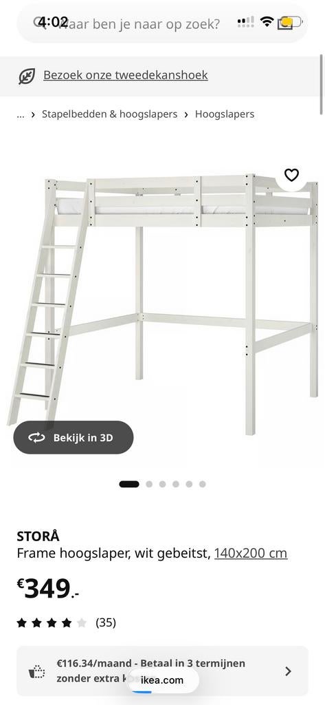 IKEA Stora Hoogslaper 140x200 cm - Wit Gebeitst, Ophalen, Gebruikt, Hoogslaper, Tweepersoons