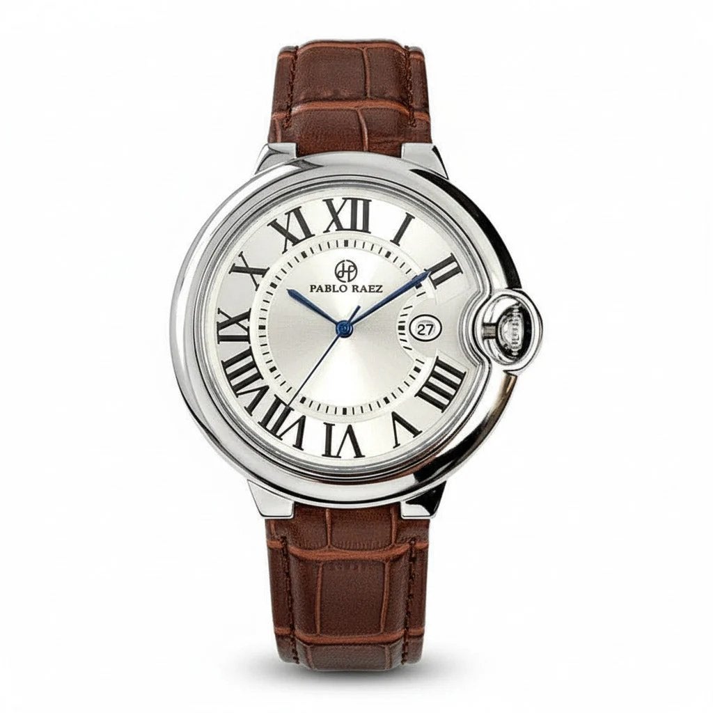 Pablo Raez Heren Horloge Quartz 42mm - Bruin Lederen Band, Sieraden, Tassen en Uiterlijk, Overige merken, Leer, Staal, Polshorloge