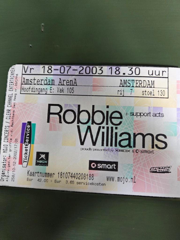 Concertkaart Robbie Williams Amsterdam Arena 2003, Ophalen of Verzenden, Zo goed als nieuw, Overige typen
