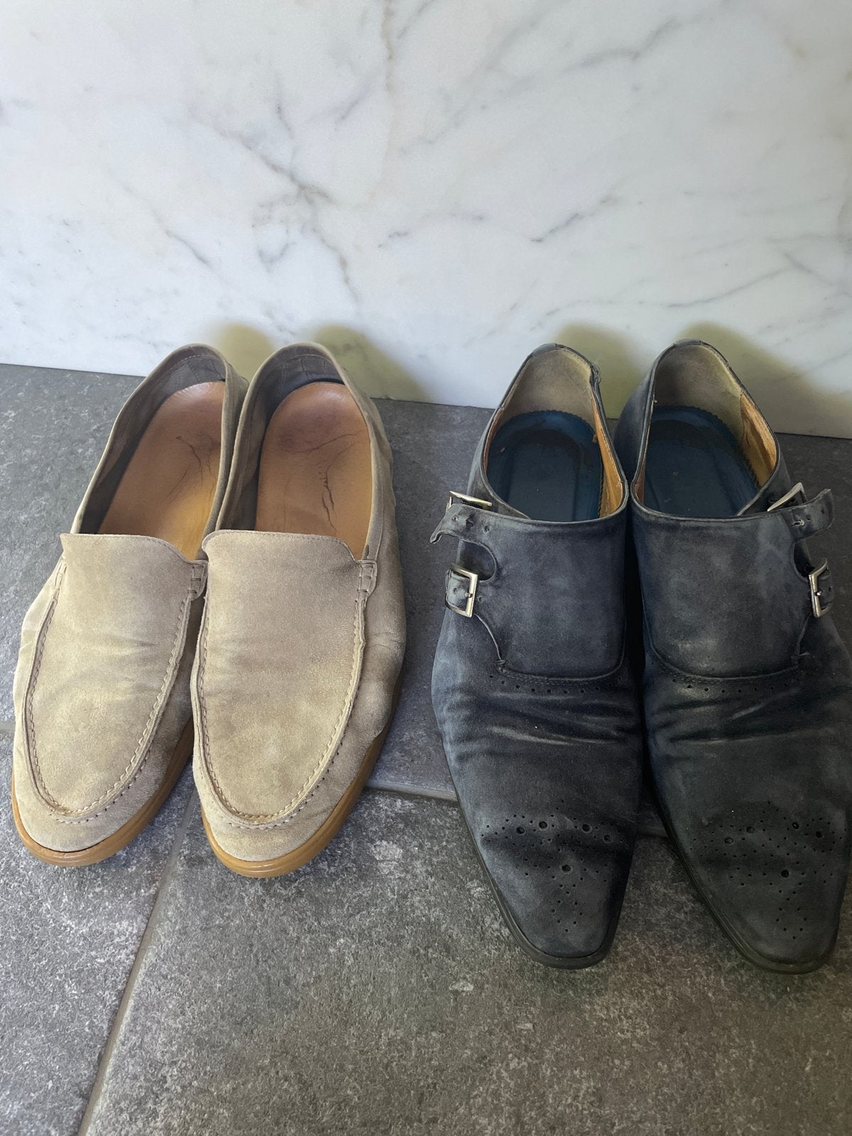 2 paar leren herenschoenen maat 44, Ophalen, Gedragen, Bruin, Loafers