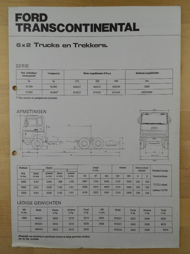 Ford Transcontinental 6x2 Technische Brochure 1975, Ford, Ophalen of Verzenden, Zo goed als nieuw, Ford
