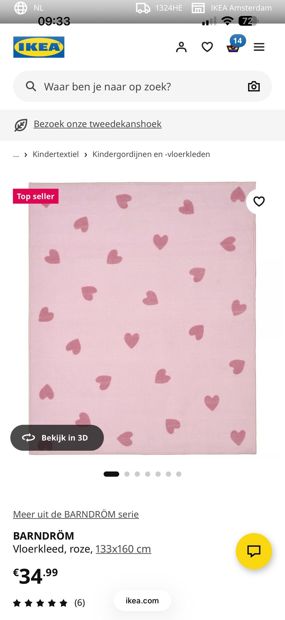 Vloerkleed kinder kamer. BARNDRÖM roze 133x160 cm, Ophalen, 100 tot 150 cm, Zo goed als nieuw, Roze