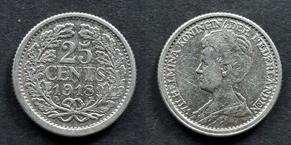 25 cent 1918 Wilhelmina zilver, Postzegels en Munten, Munten | Nederland, Verzenden, Koningin Wilhelmina, 25 cent, Zilver