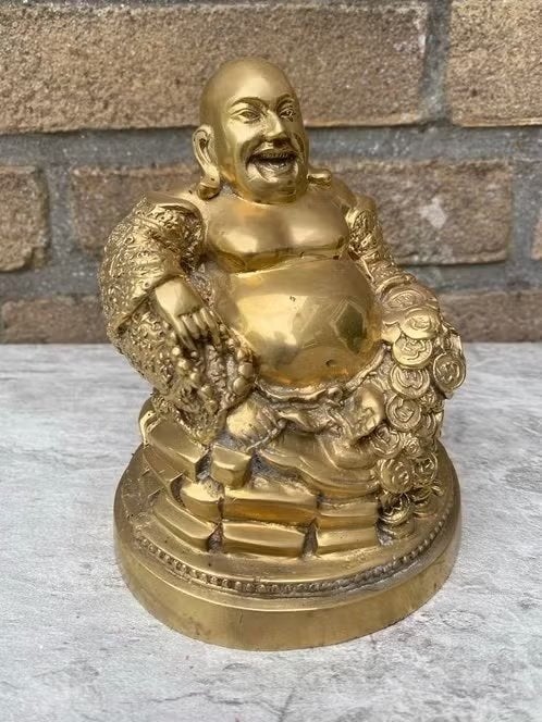 Vergulde bronzen Happy Boeddha – 13 cm, 13 cm, Ophalen of Verzenden, Nvt, Goud