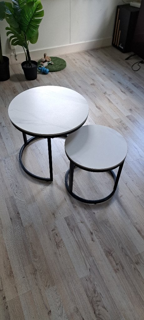 Salontafel marmerlook rond 2delig wit steen, Ophalen, 50 tot 100 cm, Marmerlook Wit Steen, Rond