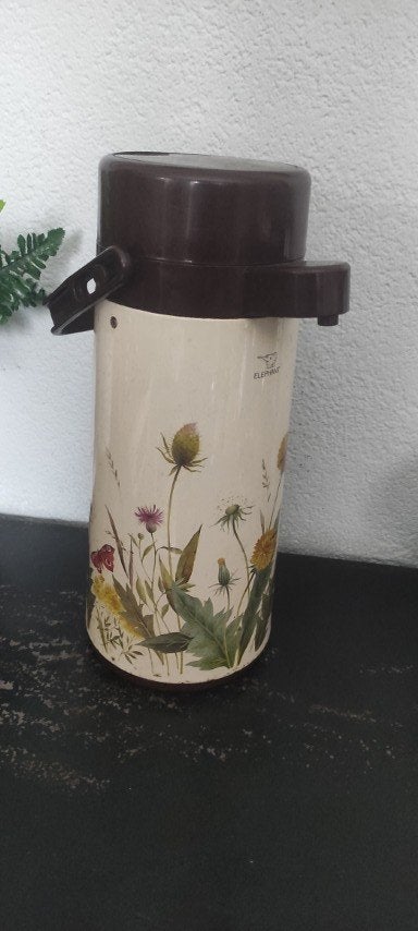 Vintage thermoskan isoleerkan beige bloemen, Beige, Ophalen of Verzenden, Overige merken, Overige typen
