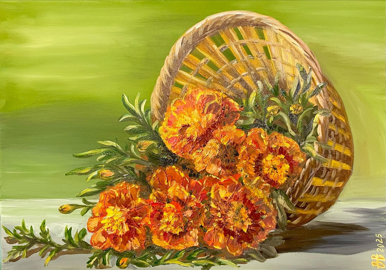 Afrikaantjes in mand - Olieverf schilderij 50x70 cm, Ophalen of Verzenden
