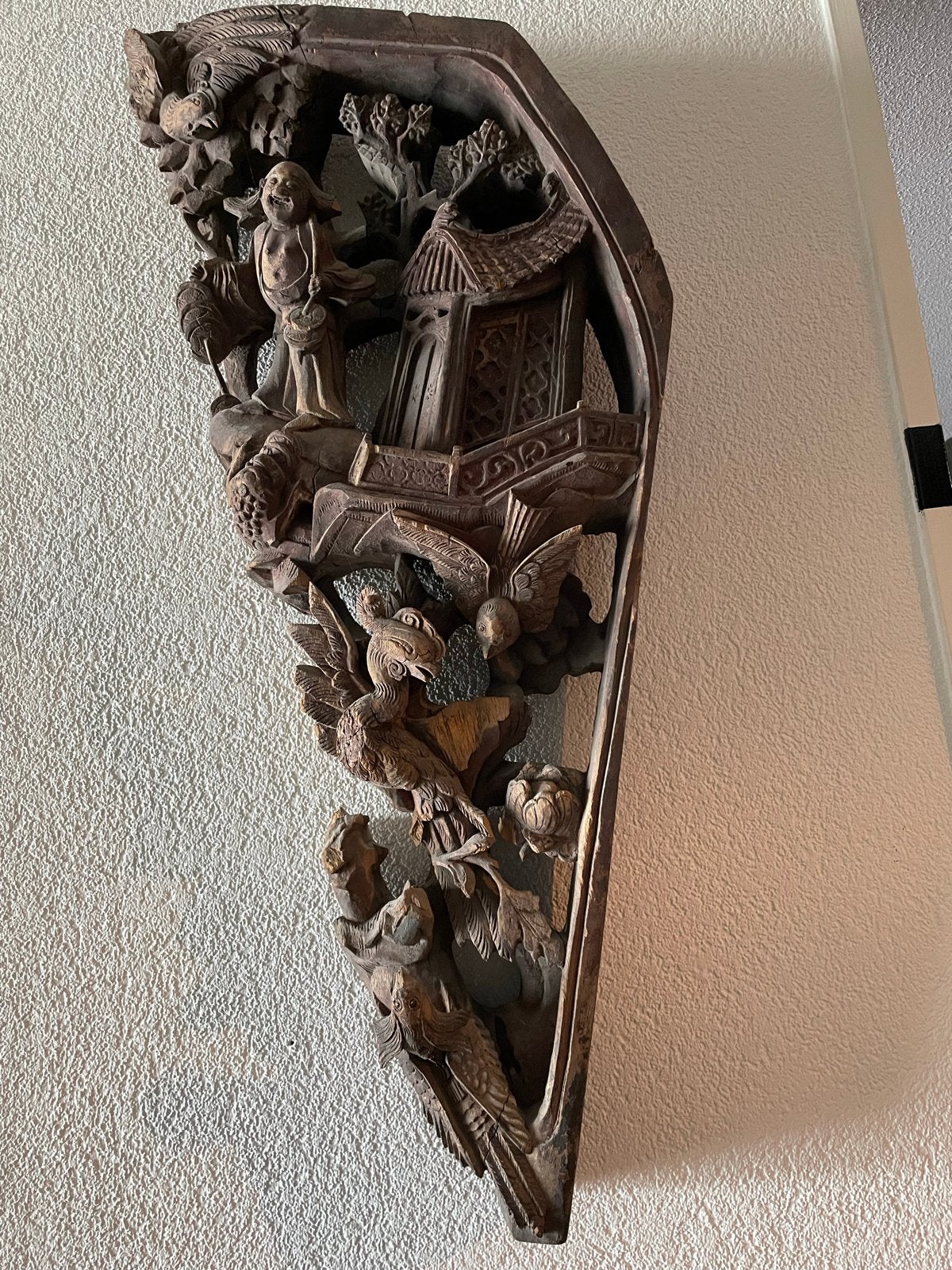 Prachtig Antiek Houtsnijwerk met Scène en Vogels, Ophalen, Houtsnijwerk, 50 - 100 cm, Handgemaakt