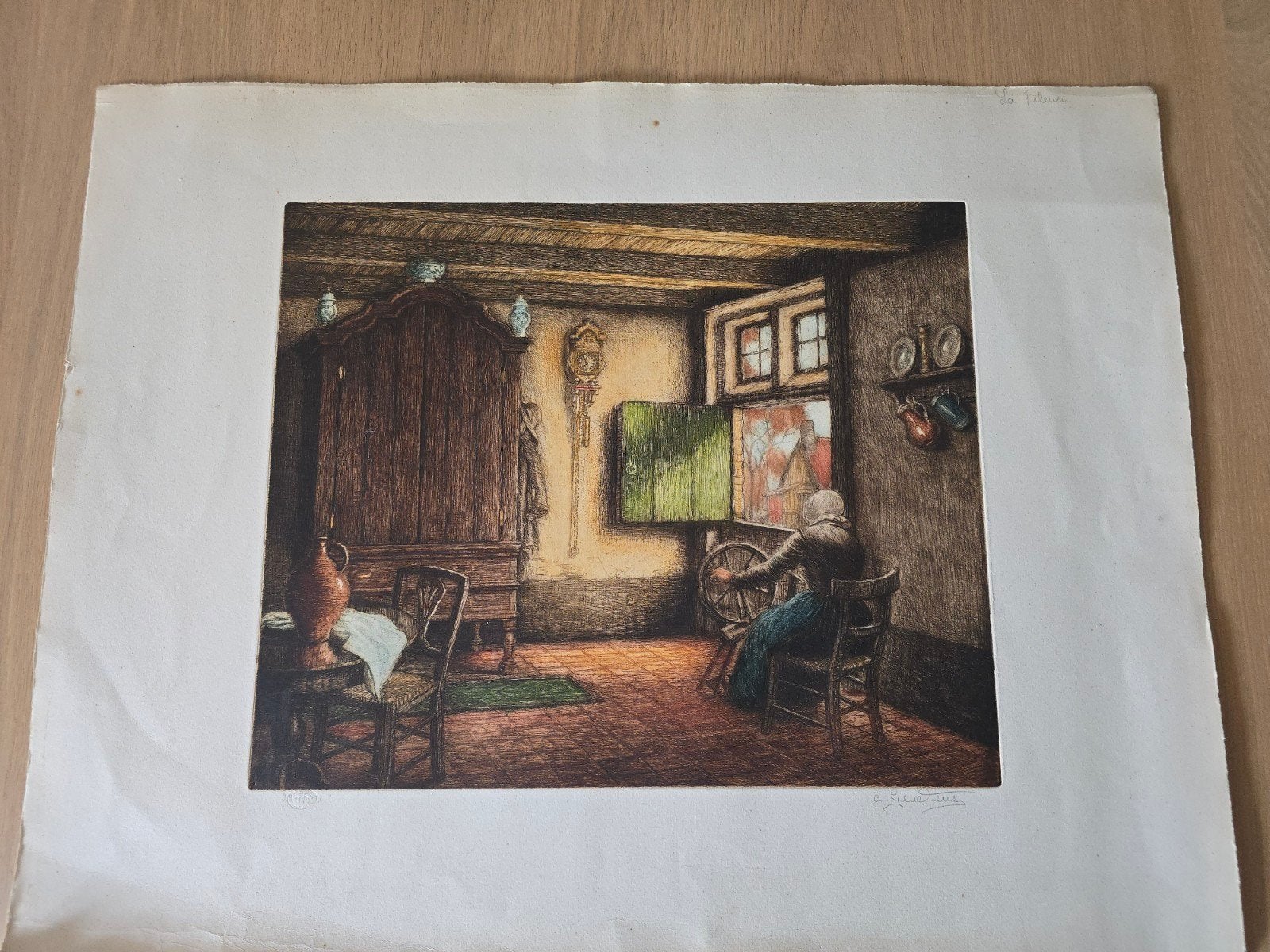 Antieke gekleurde ets  Belgische kunstenaar Albert Geudens, Antiek en Kunst, Kunst | Etsen en Gravures, Dagelijks leven, 1800 - 1899