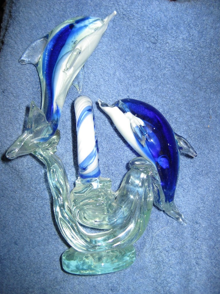 Glazen beeld: dolfijnen, 25 cm, Ophalen of Verzenden, Zo goed als nieuw, Overige soorten, Beeldje of Figuurtje