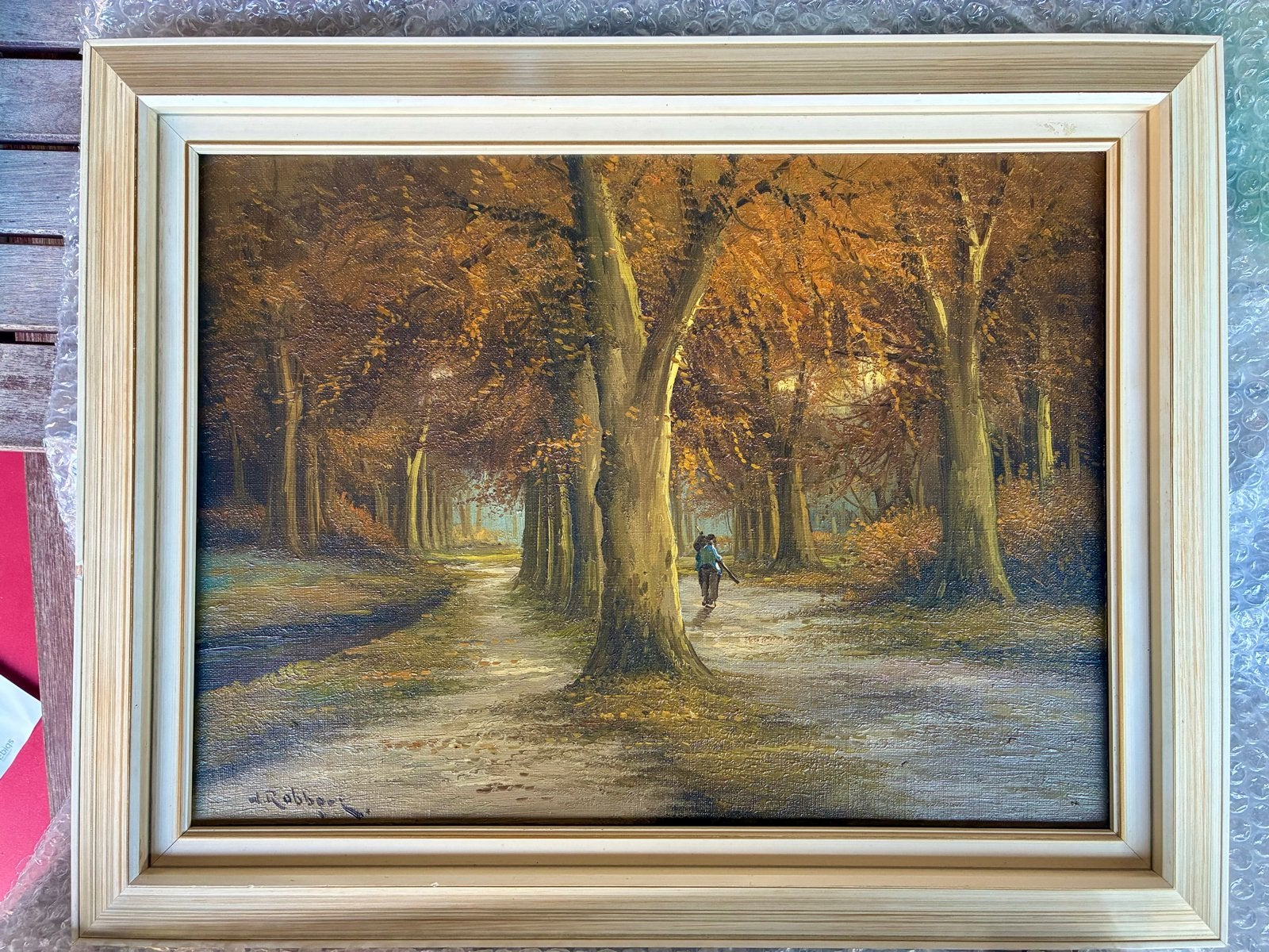 Olieverf Schilderij:Herfstbos met Wandelaar,gesigneerd,izgst, Doek, Realistisch, Ophalen of Verzenden, Gesigneerd