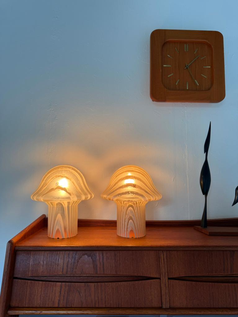 2x vintage zebra mushroom tafellamp, Peill & Putzler ‘80, Ophalen of Verzenden, Zo goed als nieuw, Glas, Vintage retro buisframe design rotan webbing papercord