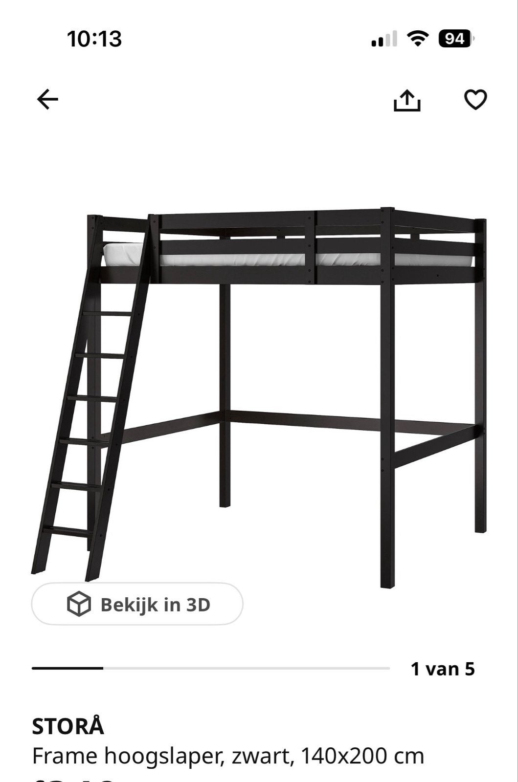 IKEA STORÅ Hoogslaper Zwart 140x200 cm, Huis en Inrichting, Slaapkamer | Stapelbedden en Hoogslapers, Ophalen, Hoogslaper, Tweepersoons