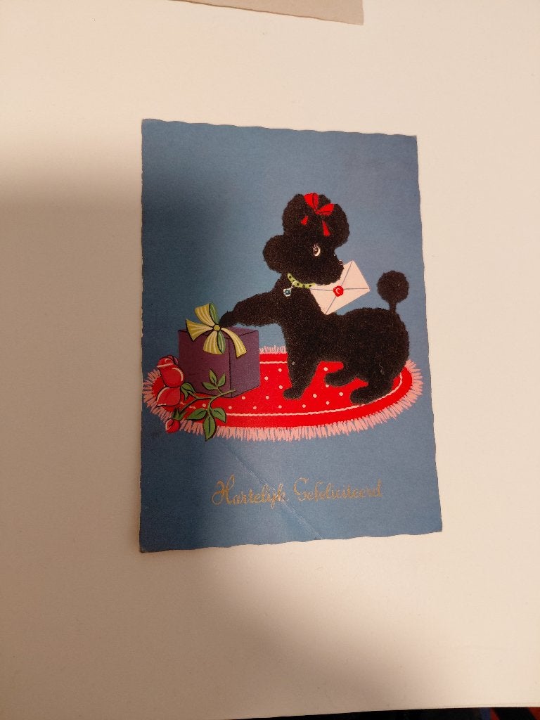 Hartelijk gefeliciteerd hond poedel met pakje vintage kaart, Verzenden, 1960 tot 1980, Gelopen, Kinderen