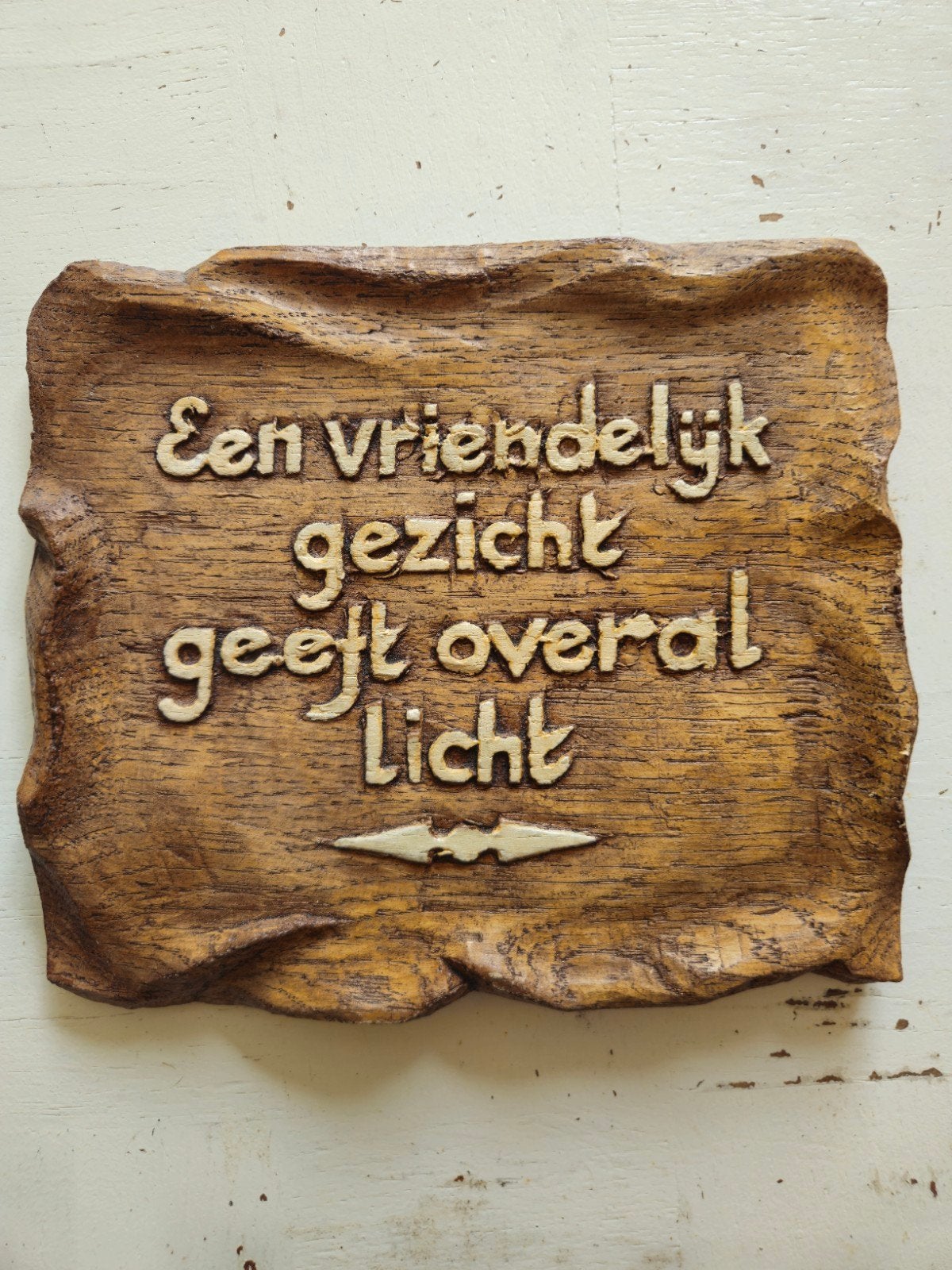 Oud stenen wandbord met tekst - 21 x 19 cm, Gebruikt, Vintage, Steen/keramiek, Ophalen of Verzenden