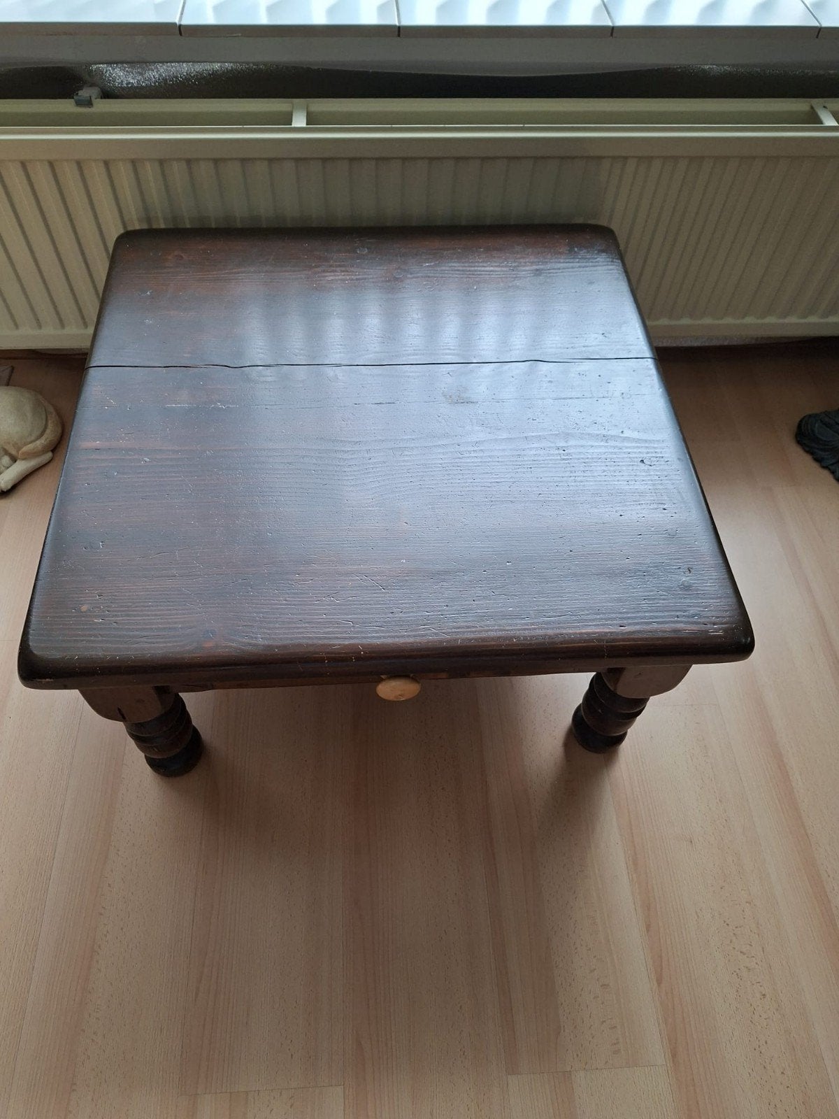 Antieke donker grenen salontafel, Ophalen, Gebruikt, 50 tot 100 cm, Vierkant
