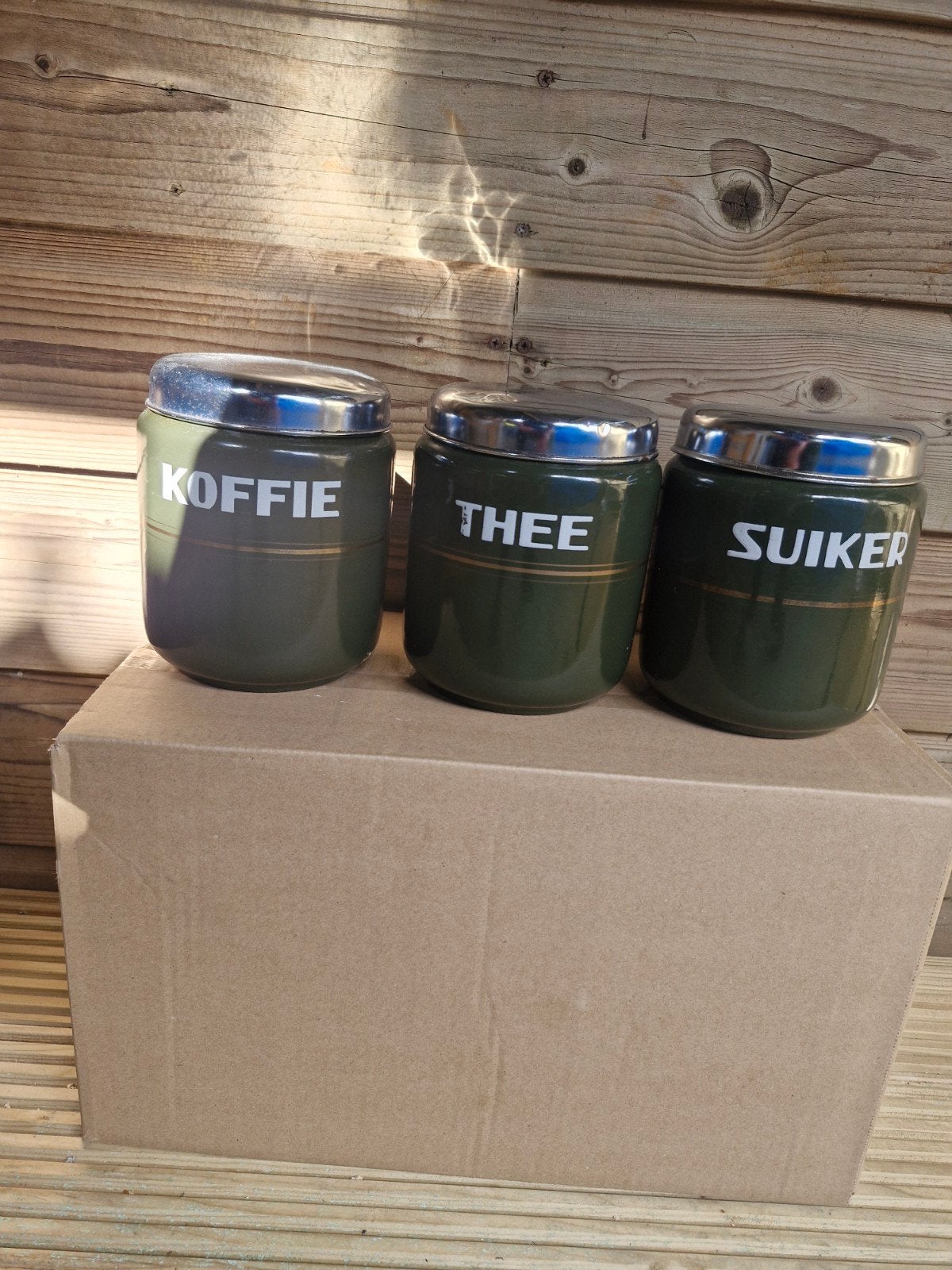 groen emaille koffie thee en suiker voorraadpotten, Antiek en Kunst, Ophalen of Verzenden