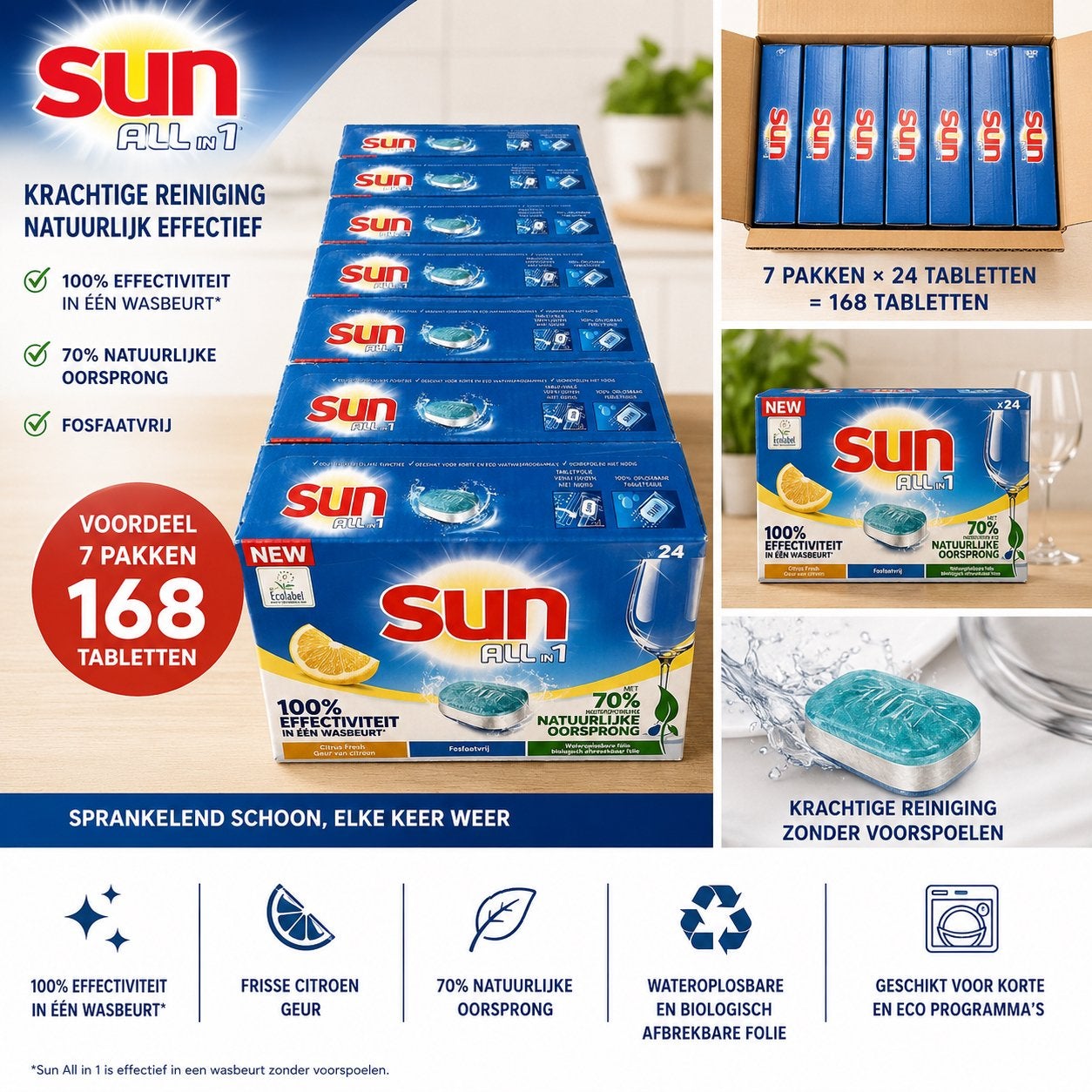 Sun All in 1 Vaatwastabletten Citroen - 168 Tabletten Voorde, Ophalen of Verzenden