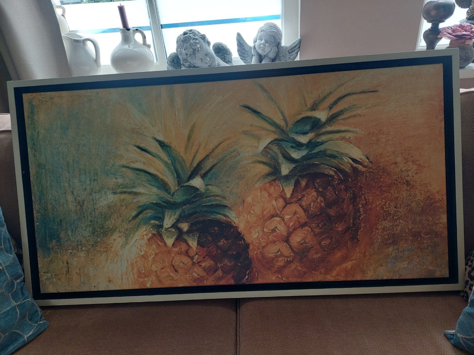 Schilderij met Ananassen - Modern Stilleven, Doek, Realistisch, Stilleven, Ophalen of Verzenden